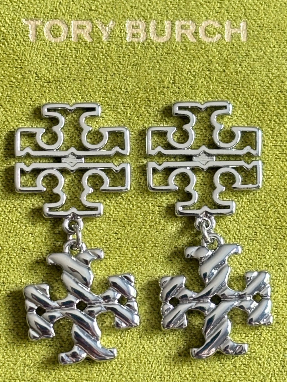 TORY BURCH SILVER BRITTEN DOUBLE LOGO LINEAR EARRINGS - Picture 3 of 6